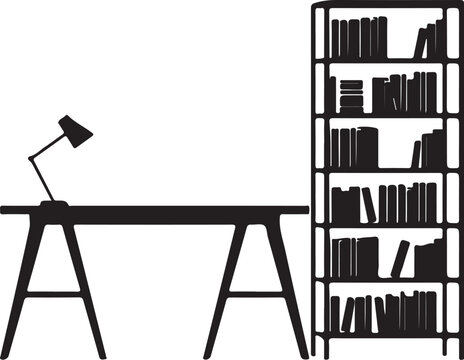 Desk with lamp and bookshelf, black silhouette on white