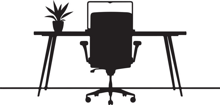 Office chair and desk with plant, black silhouette on