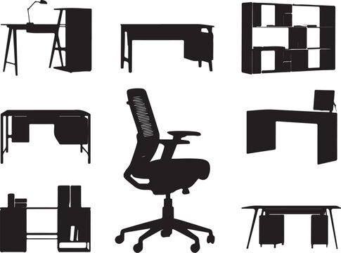 Office furniture silhouettes, desks and chair on white