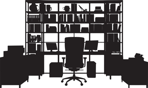 Office interior silhouette, bookshelf and furniture
