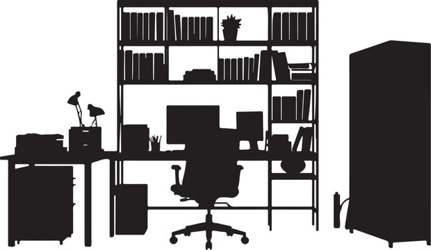 Office workspace silhouette, desk with chair, bookshelf