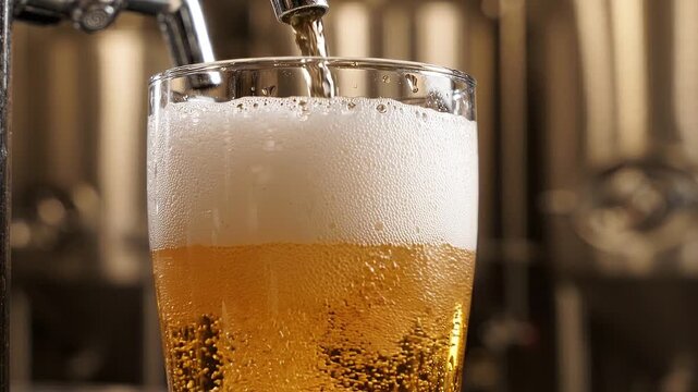 Fresh golden beer pouring into glass with thick white foam head in a rustic industrial brewery environment