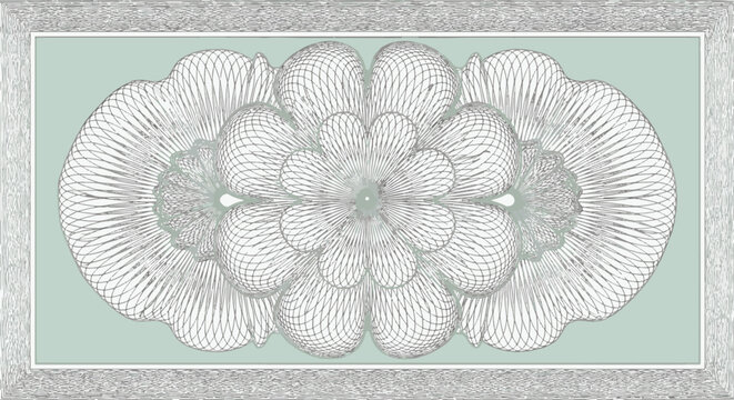 Mint green guilloche pattern with intricate geometric line art, central floral spirograph motif, and security border for certificate background or banknote document design.