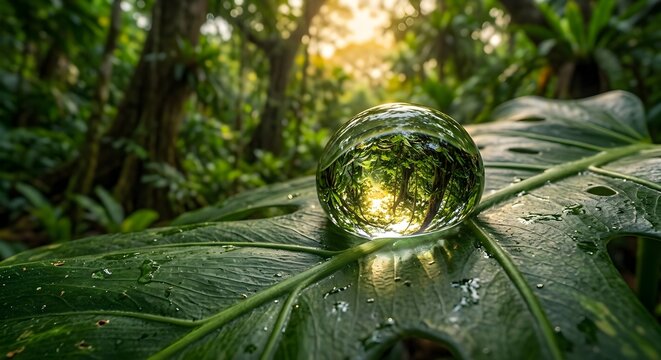water droplet on large green leaf with forest background and sunlight