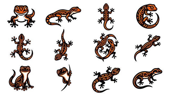 Brown gecko lizard icons in tribal artistic style.
