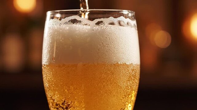 Fresh golden beer pouring into glass with thick white foam and carbonation bubbles in warm atmospheric pub lighting