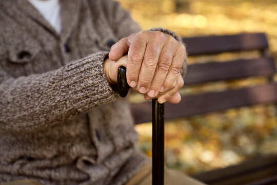 Senior man sitting with walking stick on bench