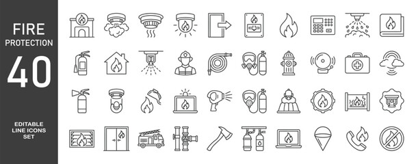 Set of 40 outline icons related to fire protection. Linear icon collection. Editable stroke. Vector illustration © Minara