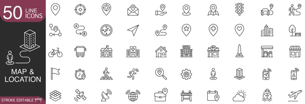 Navigation and location line icon set featuring GPS tracking, maps, transportation, and travel destination symbols in editable stroke vector format.