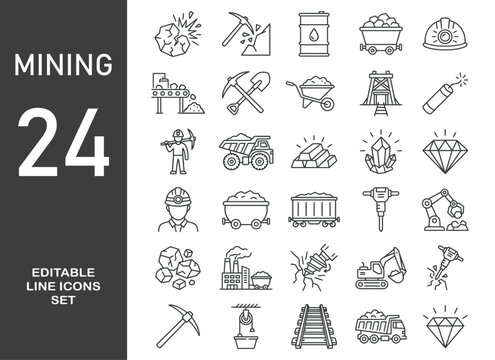 Set of outline icons related mining, coal, industry. Editable stroke. Vector illustration. 