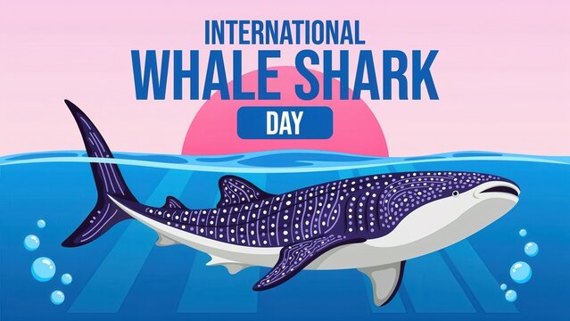 International Whale Shark Day celebration poster with whale shark swimming in the ocean