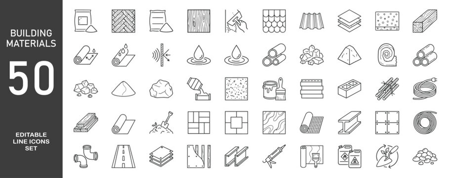 Set of 50 outline icons related to building materials. Linear icon collection. Editable stroke. Vector illustration