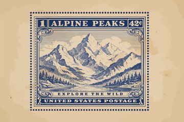 Obraz premium Vintage u.s. postage stamp featuring a detailed engraving of the rugged alpine peaks landscape vintage postage stamp