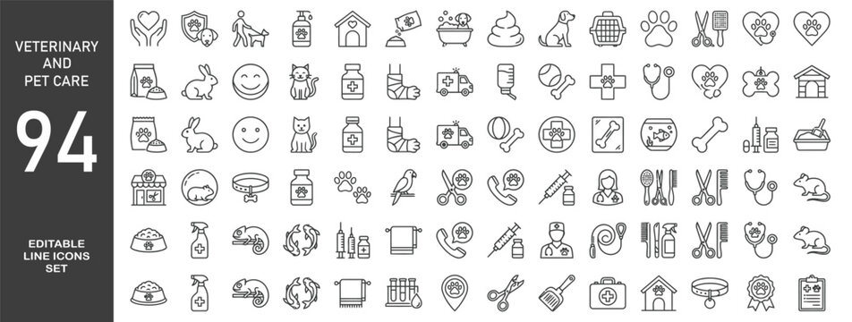 Set of 94 line icons related to pet, care, veterinary, vet, healthcare. Outline icon collection. Linear animals symbols. Editable stroke. Vector illustration