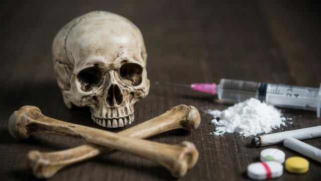 Skull and crossbone with drug and syringe representing the danger of drug abuse and addiction