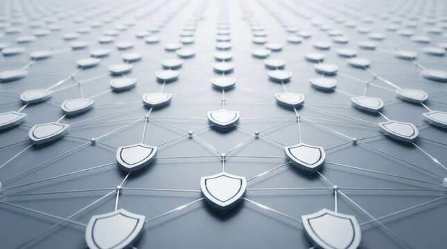 Digital network showing security shield icons connected by glowing lines on light grey background abstract style.