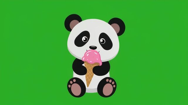 Cute panda eating ice cream during daylight on green screen background