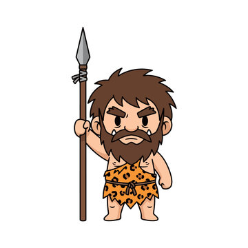 A caveman stands proudly, holding his brown spear aloft. Flat vector mascot design.