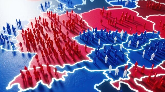 European map with red and blue figurines depicting political division or migration trends across continent regions.