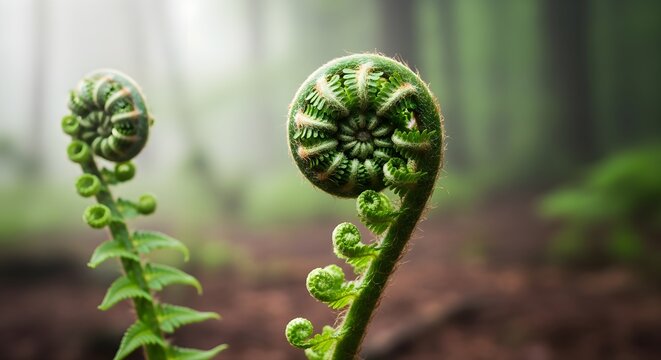 Two vibrant green fern fiddleheads unfurl in a lush, misty forest, showcasing the intricate beauty and delicate patterns of emerging life and organic growth.