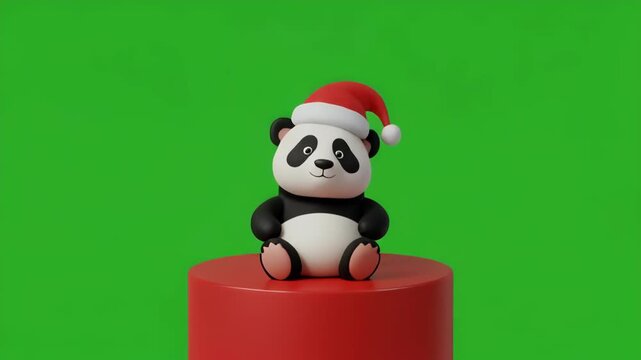 Cute Panda Figurines Wearing Santa Hats Sit Still on Red Pedestals During Christmas Season
