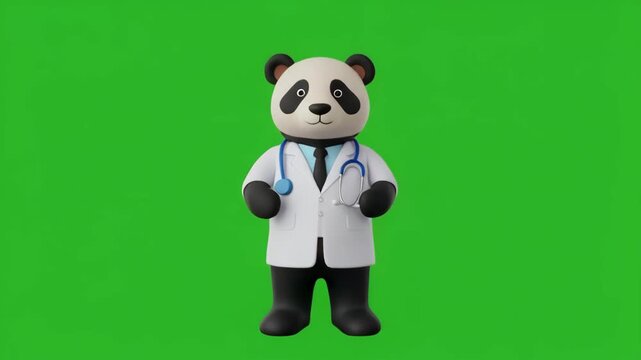 Cute panda scientist in lab coat dancing with joy on green screen background