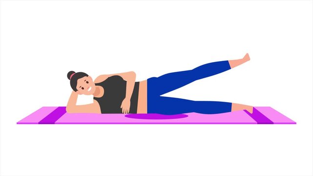 Side lying leg lift exercise. Female workout on mat. Fitness woman exercising. Looped animation. Young girl character training. Fitness, Gym, exercise, Sport and healthy lifestyle concept. 