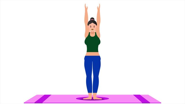 Woman doing jumping jacks exercise animation, female character fitness workout vector loop, flat graphic motion loop, isolated white background.