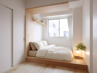 Fototapeta premium Minimalist Japanese Bedroom with White Walls and Wooden Elements in a Bright Space