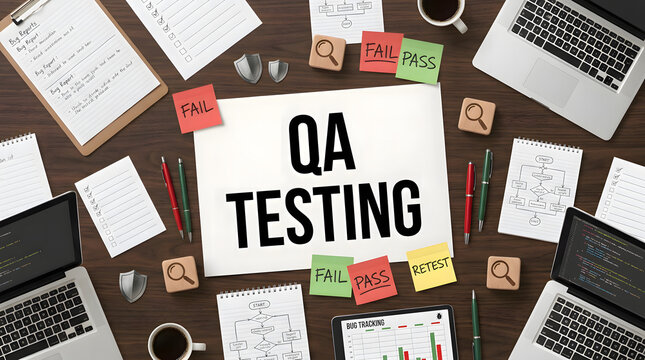 Quality assurance and software QA testing concept flat lay