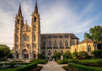 Obraz premium Gothic cathedral with historic university building in evening light.