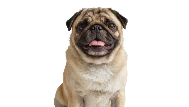 Happy pug dog with tongue out, studio portrait