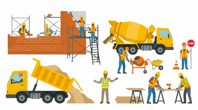 Construction site with workers, heavy machinery, and building materials