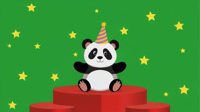 Cute Panda Waving on Pedestal with Party Hat During Celebration with Green Starry Background