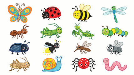 Obraz premium Cute Crayon Garden Insects Collection Hand Drawn Kids Style Vector