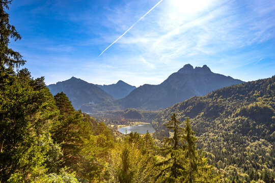 Scenic view of Alpsee and Neuschwanstein Castle in the Bavarian Alps