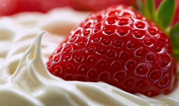Strawberry and cream macro closeup