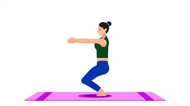 Woman doing squat exercise animation loop, 2D vector fitness workout motion graphic, healthy lifestyle body training illustration, white background 4k, for workout apps and fitness videos.