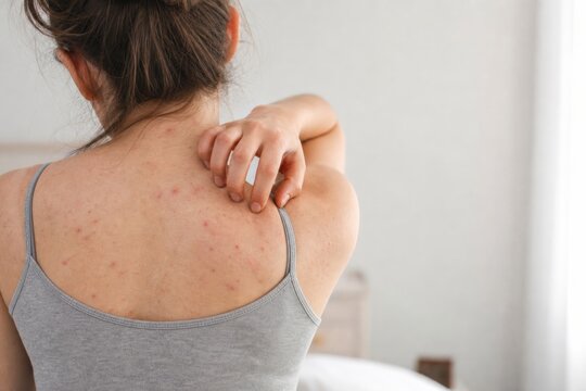 Woman scratching acne on her back in a gray tank top at home
