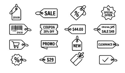 Fototapeta premium Price Tag Icon Collection Retail Shopping Outline Vector Set