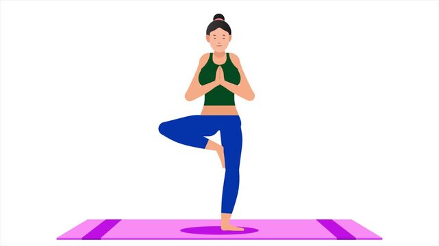 Woman doing yoga standing pose animation, vector athletic girl on yoga mat loop, fitness exercise character graphic, tadasana mountain pose, white background.