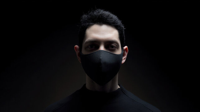 Man wearing a black mask in a dark space, focusing on facial features and expression during the evening