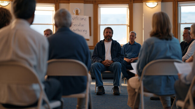 Folding chairs arranged in a semicircle inside a rented community library meeting room, hand-lettered welcome sign reading secular gathering, adults of varied ages sharing printed