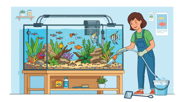 Woman cleaning a large freshwater aquarium with a siphon tube.
