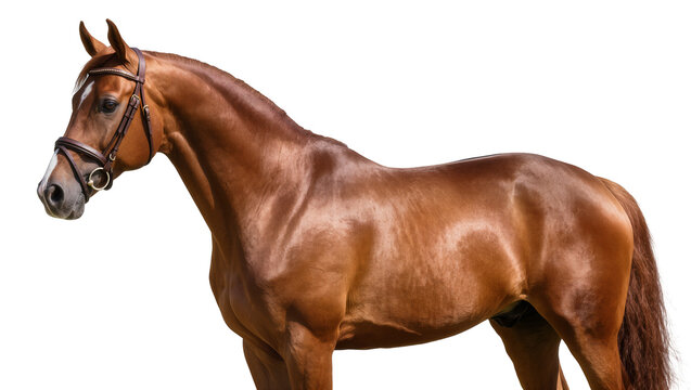 Brown horse with bridle standing sideways