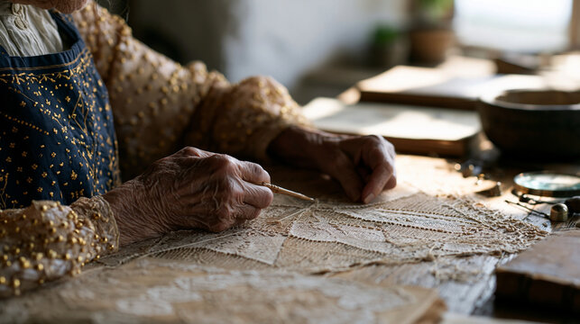 tatting shuttle gliding through fine thread loops as an elderly woman's weathered hands craft intricate bobbin lace at a sunlit oak table scattered with antique pattern books,