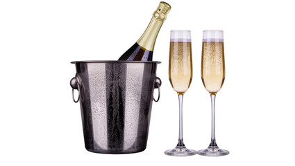 Champagne bottle in ice bucket with two full champagne flutes © Lena