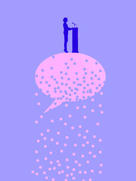 Silhouette of speaker at podium with dissolving bubble of deception