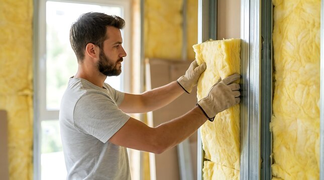 Male worker wearing white t shirt and leather protective gloves installing yellow mineral wool thermal insulation into metal frame wall of new house interior during renovation work.