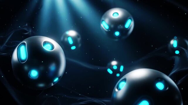 Large simplified nanobots as smooth metallic spheres with glowing cyan lights, dark fluid environment, nanomedicine concept